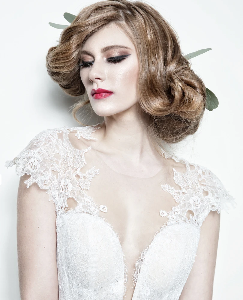 Woman on wedding day with styled bridal hair